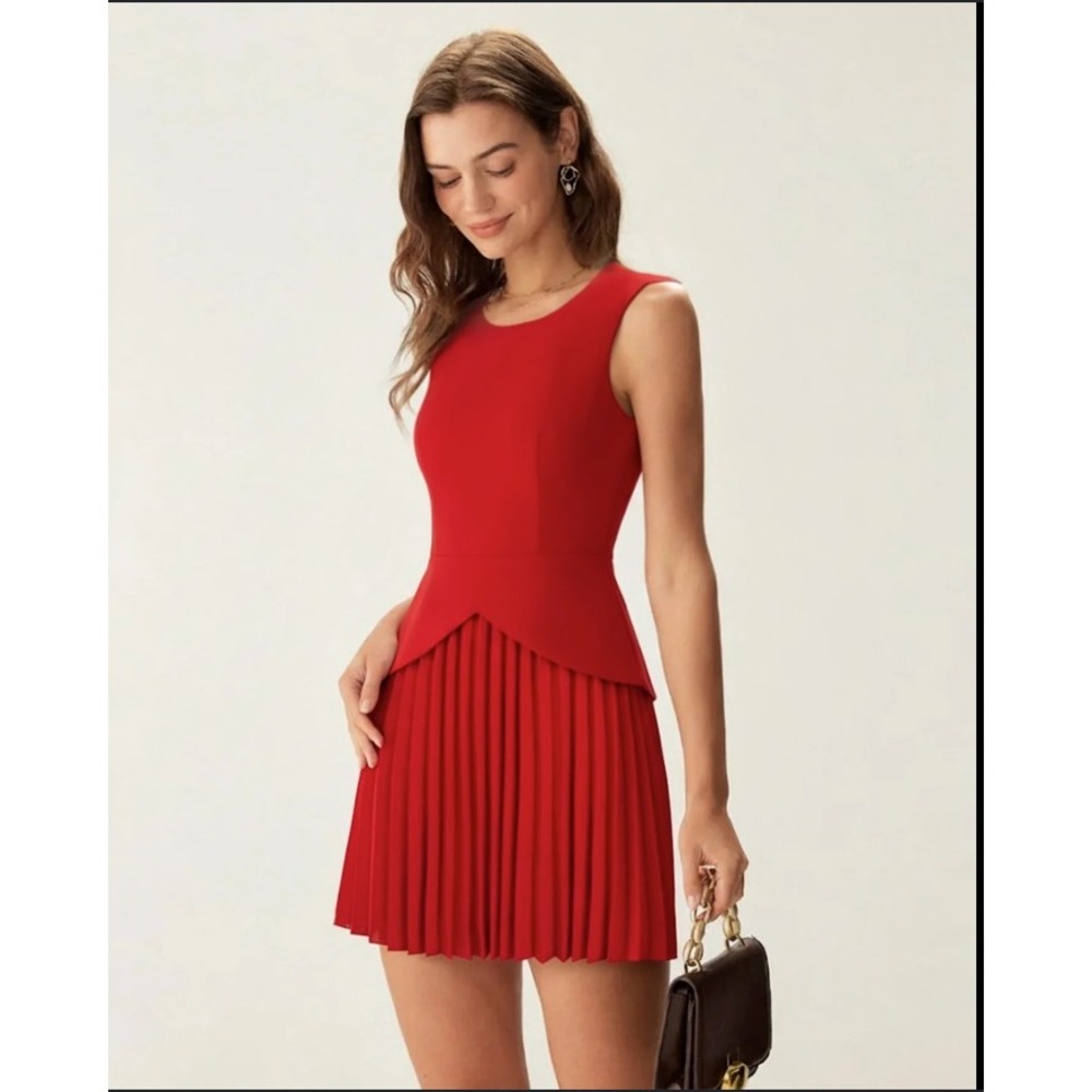 RIHOAS Red Pleated Peplum Mini Dress Sleeveless Round Neck Size M NWT